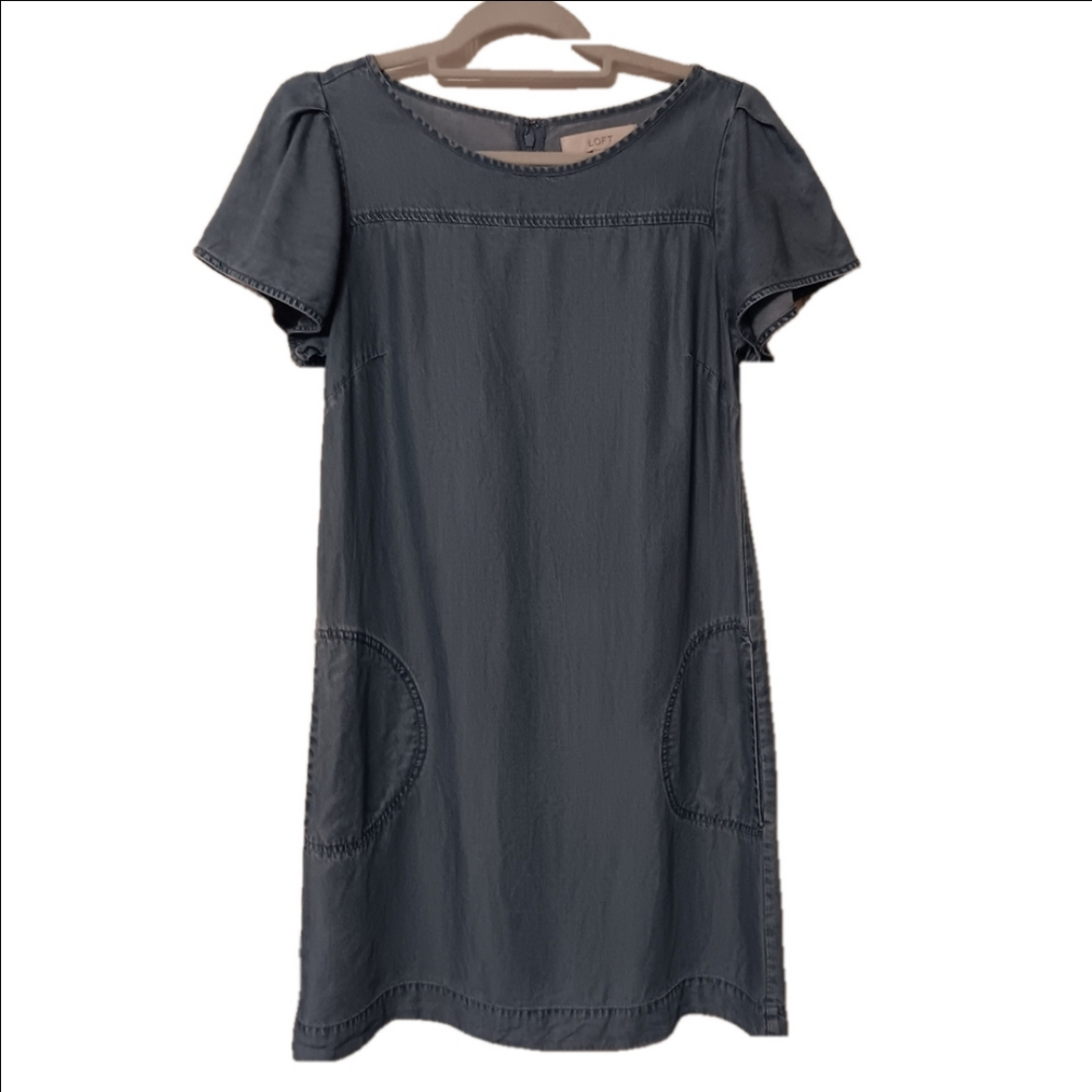 Loft Chambray Flowy Shift Dress 100% Lyocell, Short Flutter Sleeve, Above Knee 4